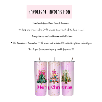Pink Coquette Christmas Tumbler | Bow & Tree Girly Holiday Cup | Stainless Steel Tumbler