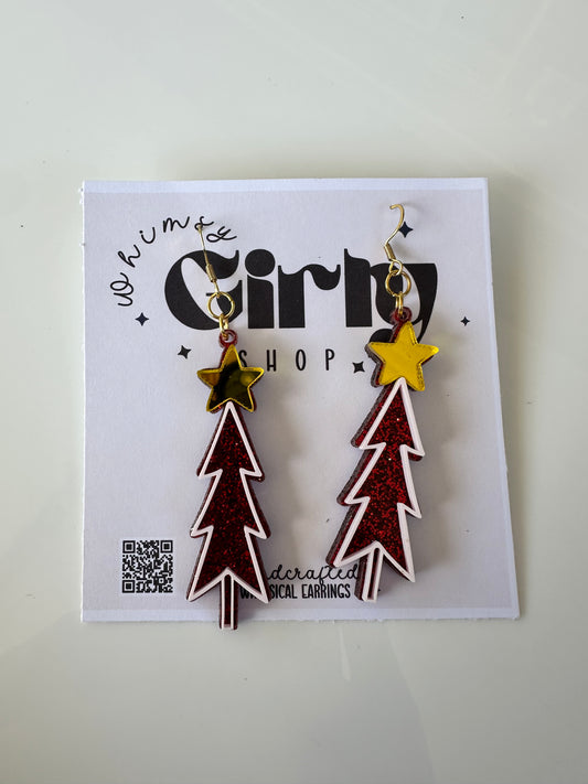 Red Christmas tree acrylic dangle earrings with yellow star on display card