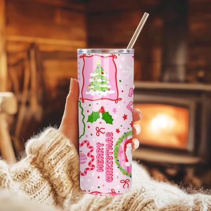 Pink Santa Fa La La Tumbler | Playful Whimsy Holiday Pattern Cup | Stainless Steel Tumbler