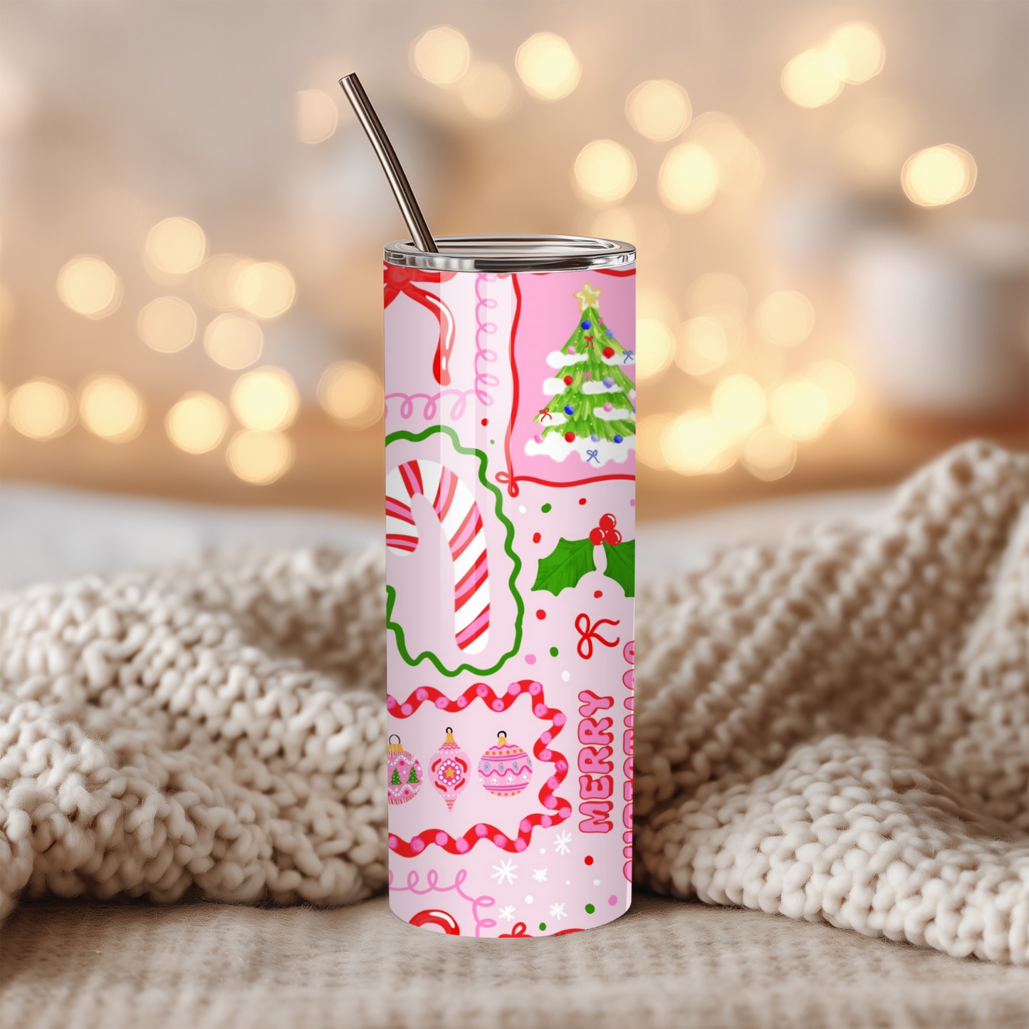 Pink Santa Fa La La Tumbler | Playful Whimsy Holiday Pattern Cup | Stainless Steel Tumbler