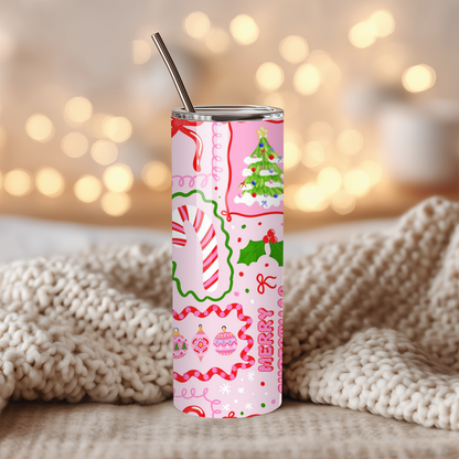 Pink Santa Fa La La Tumbler | Playful Whimsy Holiday Pattern Cup | Stainless Steel Tumbler