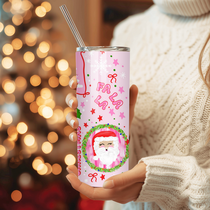 Pink Santa Fa La La Tumbler | Playful Whimsy Holiday Pattern Cup | Stainless Steel Tumbler