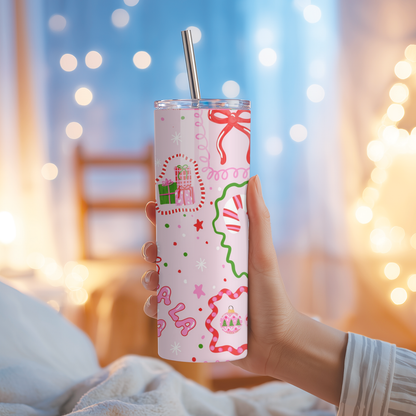 Pink Santa Fa La La Tumbler | Playful Whimsy Holiday Pattern Cup | Stainless Steel Tumbler