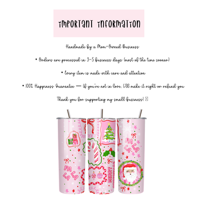 Pink Santa Fa La La Tumbler | Playful Whimsy Holiday Pattern Cup | Stainless Steel Tumbler