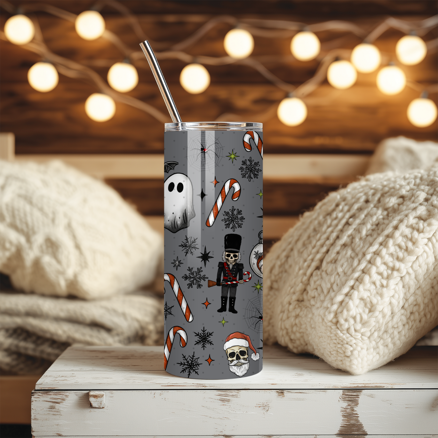 Spooky Christmas Tumbler | Ghosts & Candy Cane Goth Holiday Cup | Stainless Steel Tumbler
