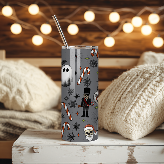 Spooky Christmas Tumbler | Ghosts & Candy Cane Goth Holiday Cup | Stainless Steel Tumbler
