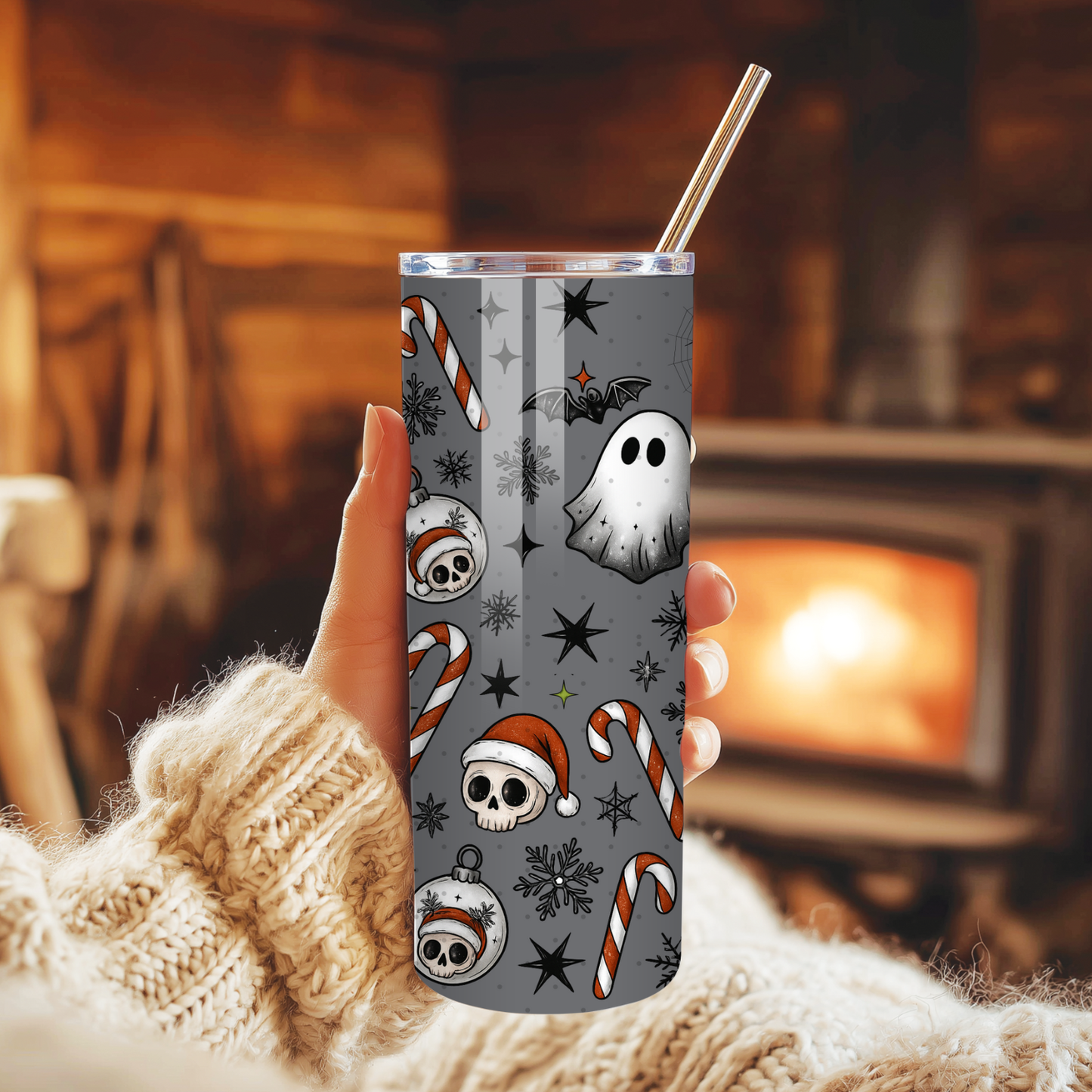 Spooky Christmas Tumbler | Ghosts & Candy Cane Goth Holiday Cup | Stainless Steel Tumbler