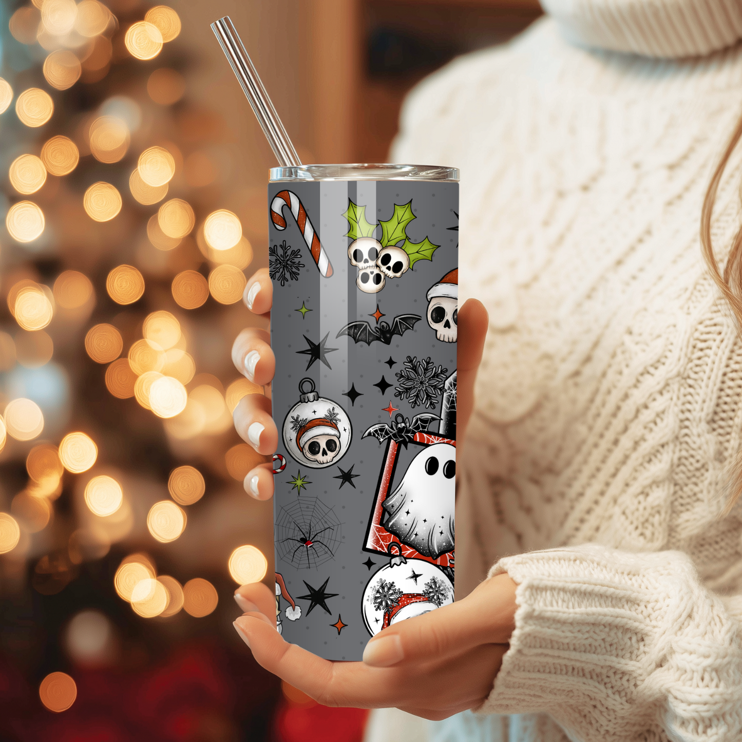 Spooky Christmas Tumbler | Ghosts & Candy Cane Goth Holiday Cup | Stainless Steel Tumbler