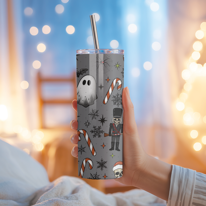Spooky Christmas Tumbler | Ghosts & Candy Cane Goth Holiday Cup | Stainless Steel Tumbler