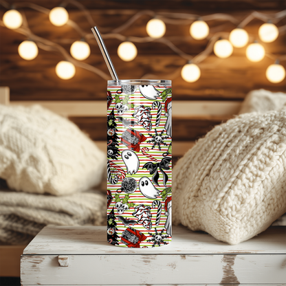 Spooky Goth Ghost Christmas Tumbler | Dark Holiday Ghosts & Stripes Cup | Stainless Steel Tumbler