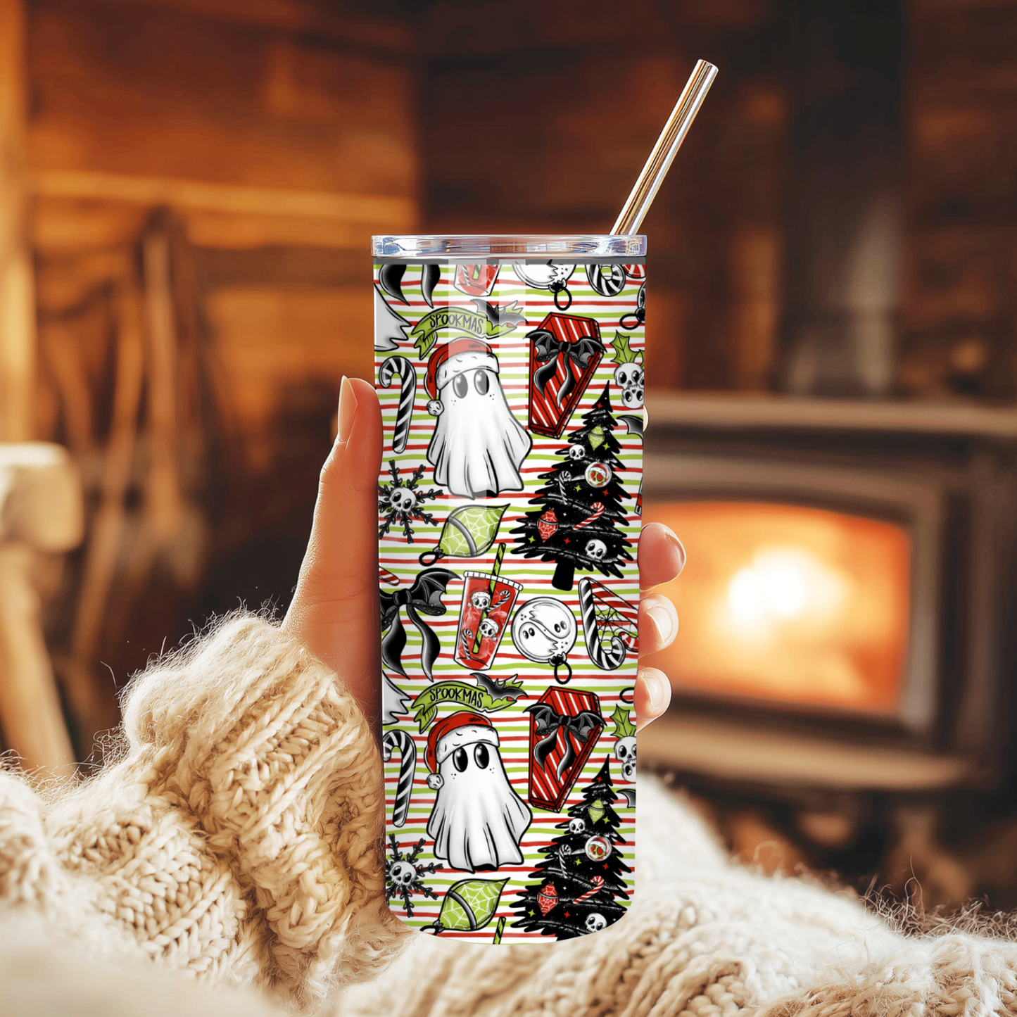Spooky Goth Ghost Christmas Tumbler | Dark Holiday Ghosts & Stripes Cup | Stainless Steel Tumbler