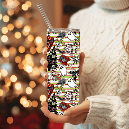 Spooky Goth Ghost Christmas Tumbler | Dark Holiday Ghosts & Stripes Cup | Stainless Steel Tumbler