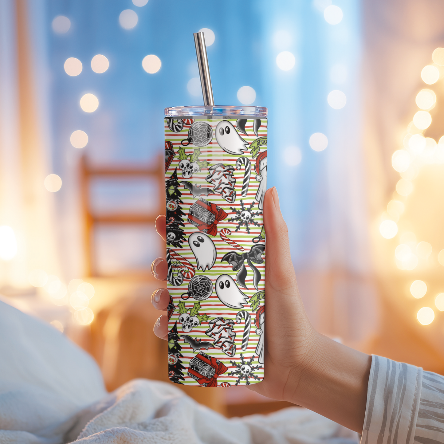 Spooky Goth Ghost Christmas Tumbler | Dark Holiday Ghosts & Stripes Cup | Stainless Steel Tumbler