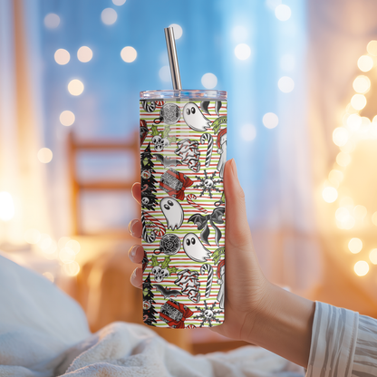 Spooky Goth Ghost Christmas Tumbler | Dark Holiday Ghosts & Stripes Cup | Stainless Steel Tumbler