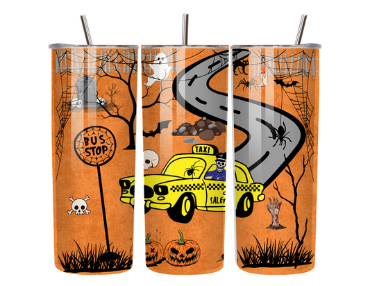 Salem Taxi Ride – 20oz Halloween Tumbler with Spooky Taxi, Ghosts & Pumpkins
