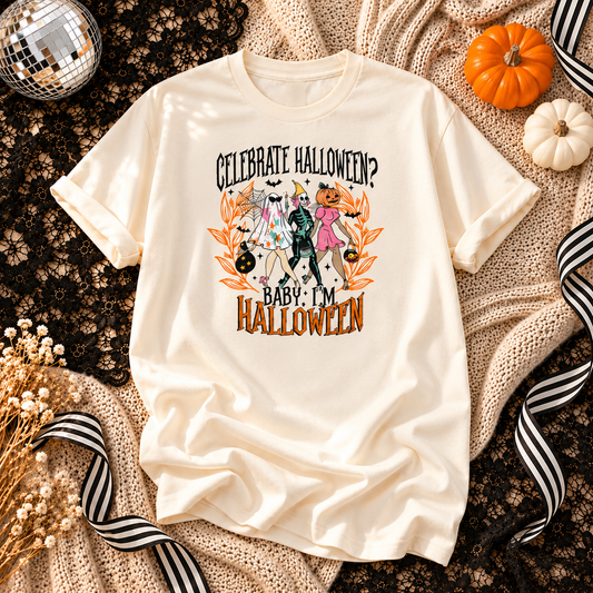 Ivory T-shirt featuring Celebrate Halloween Ghoul Squad graphic on a Halloween flat lay
