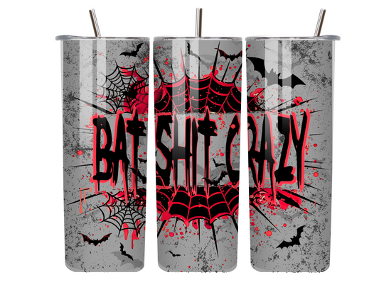 Bat Shit Crazy – 20oz Halloween Tumbler with Red Web Design & Bats