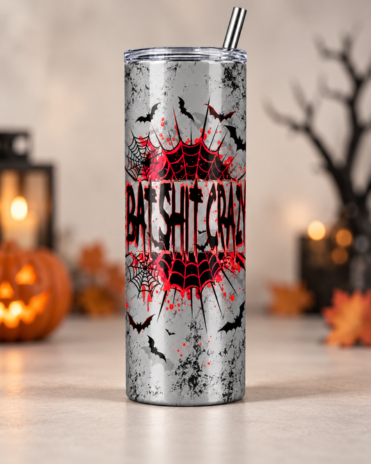 Bat Shit Crazy – 20oz Halloween Tumbler with Red Web Design & Bats