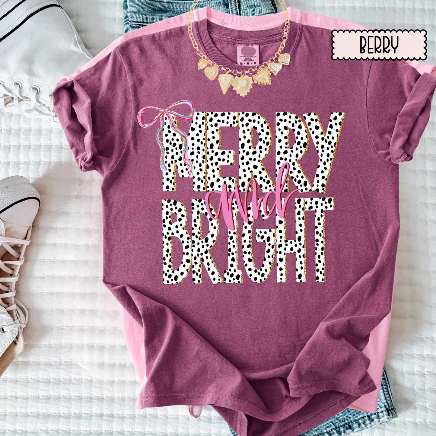 Merry & Bright Dalmatian Print Christmas Tee – Girly Holiday Graphic T-Shirt for Women