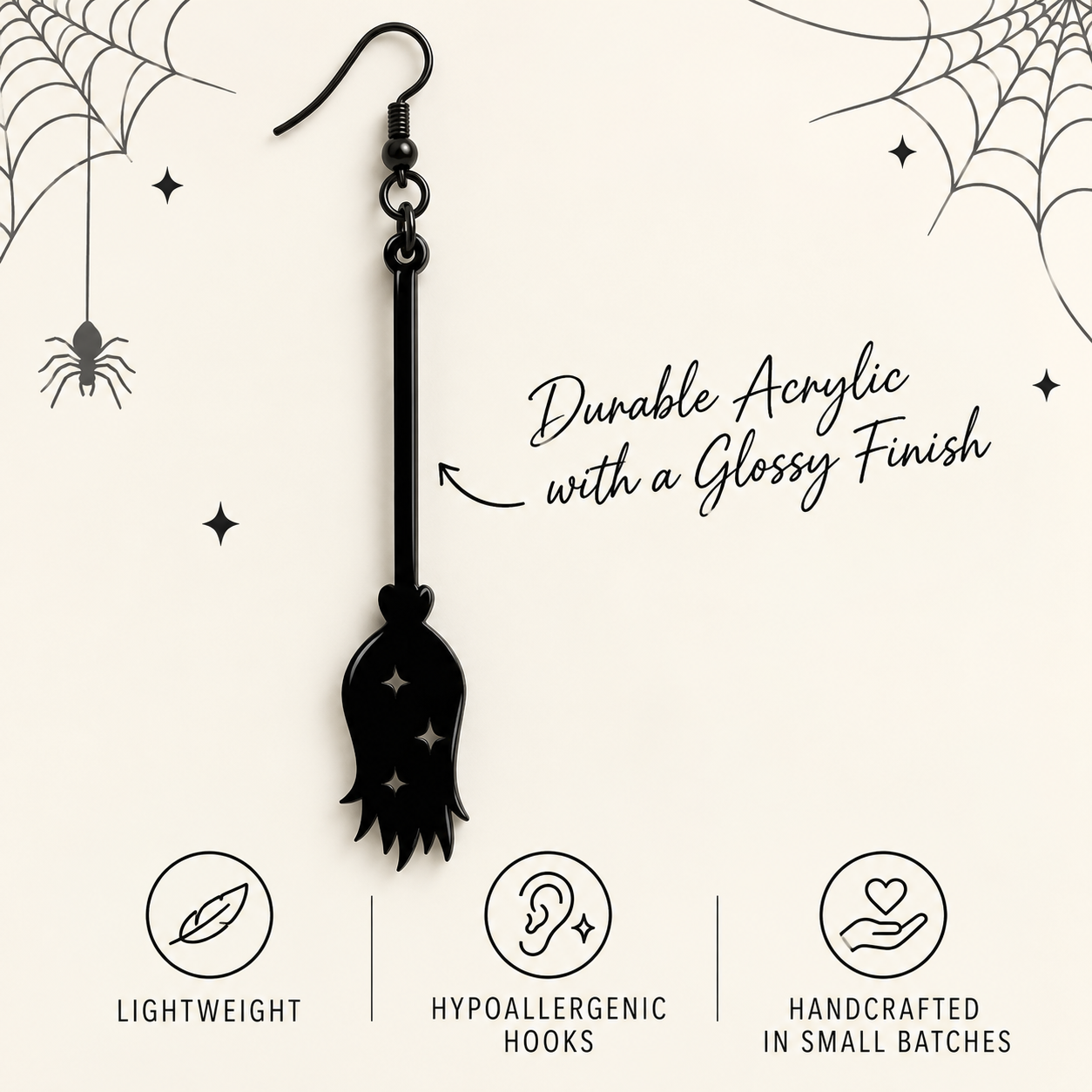 Black spooky dangle earrings feature graphic