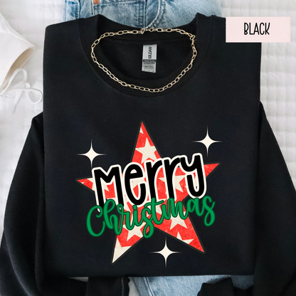 Merry Christmas Star Sweatshirt | Retro Christmas Graphic Crewneck | Cute Holiday Sweatshirt for Women