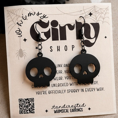 Glossy Black Skull Acrylic Earrings | Handmade Halloween Dangle Earrings