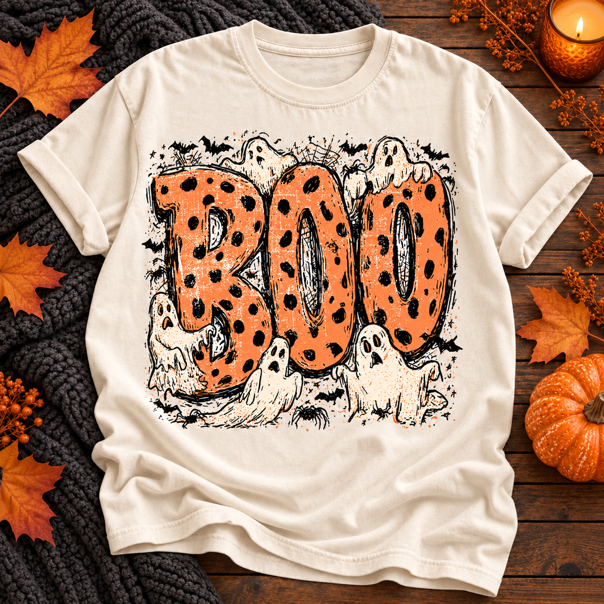 boo Halloween T-shirt in Ivory, solid boutique flat lay background