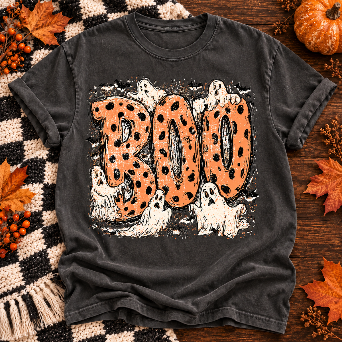 boo Halloween T-shirt in Pepper, solid boutique flat lay background