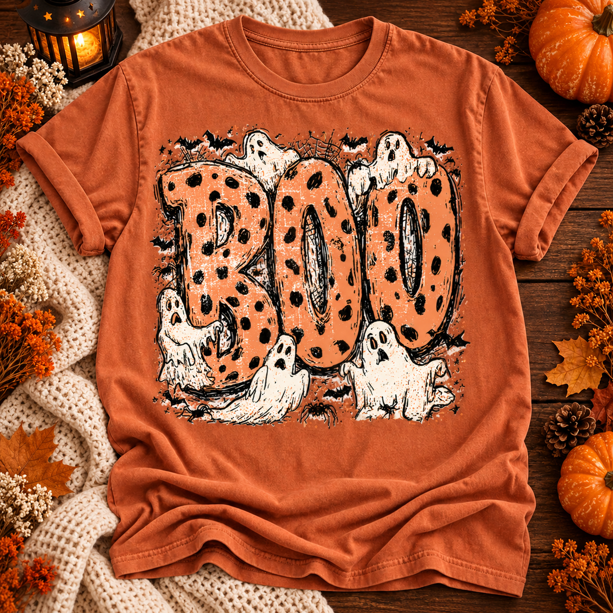 boo Halloween T-shirt in Yam, solid boutique flat lay background