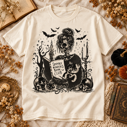 Ivory Comfort Colors Halloween T-shirt featuring Spooky Readers Book Club Skeleton