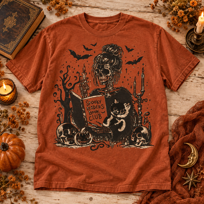 Yam Comfort Colors Halloween T-shirt featuring Spooky Readers Book Club Skeleton
