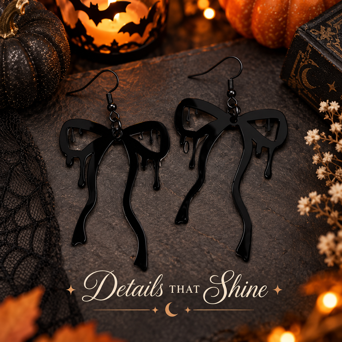 Black Drip Bow Earrings | Glossy Halloween Acrylic Earrings