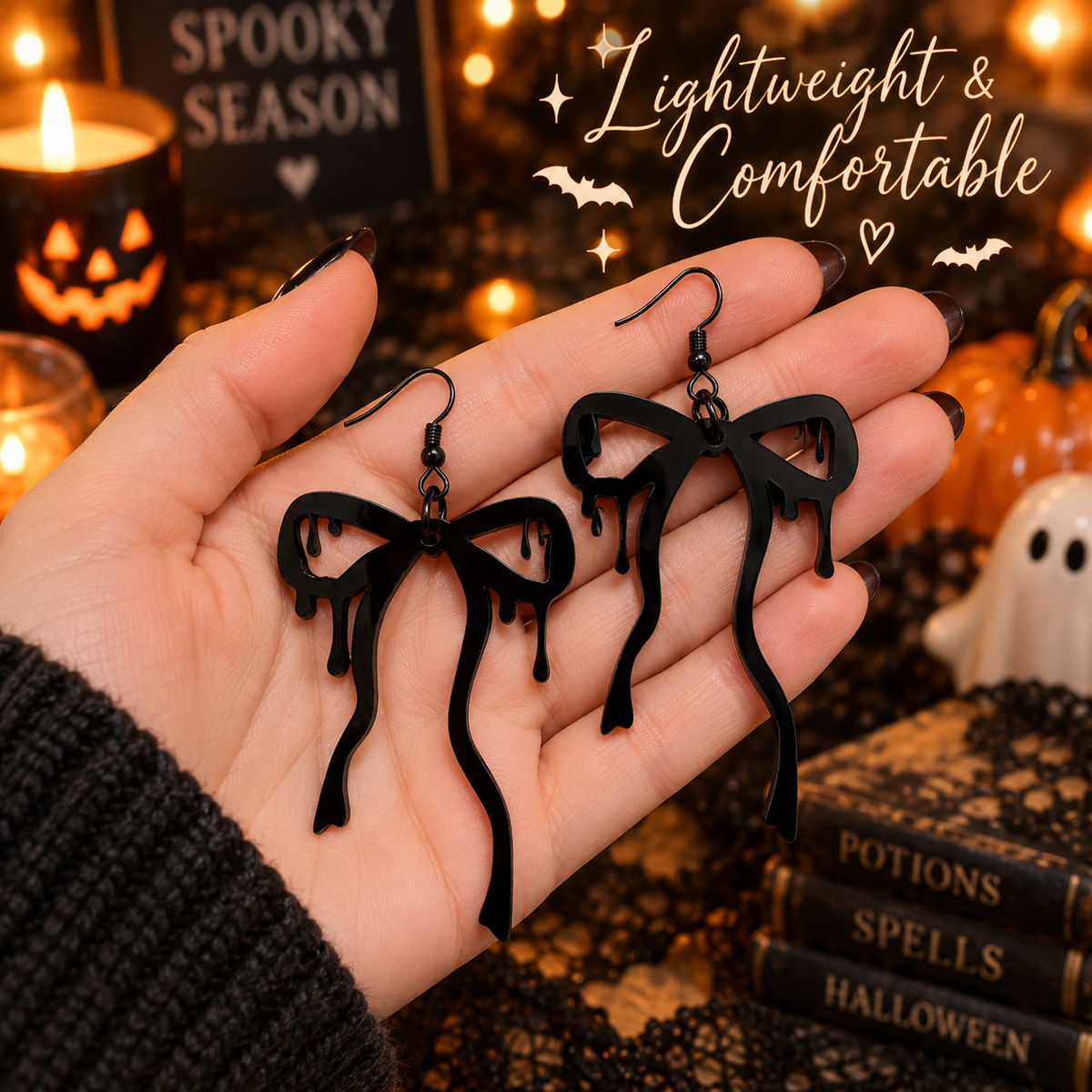 Black Drip Bow Earrings | Glossy Halloween Acrylic Earrings