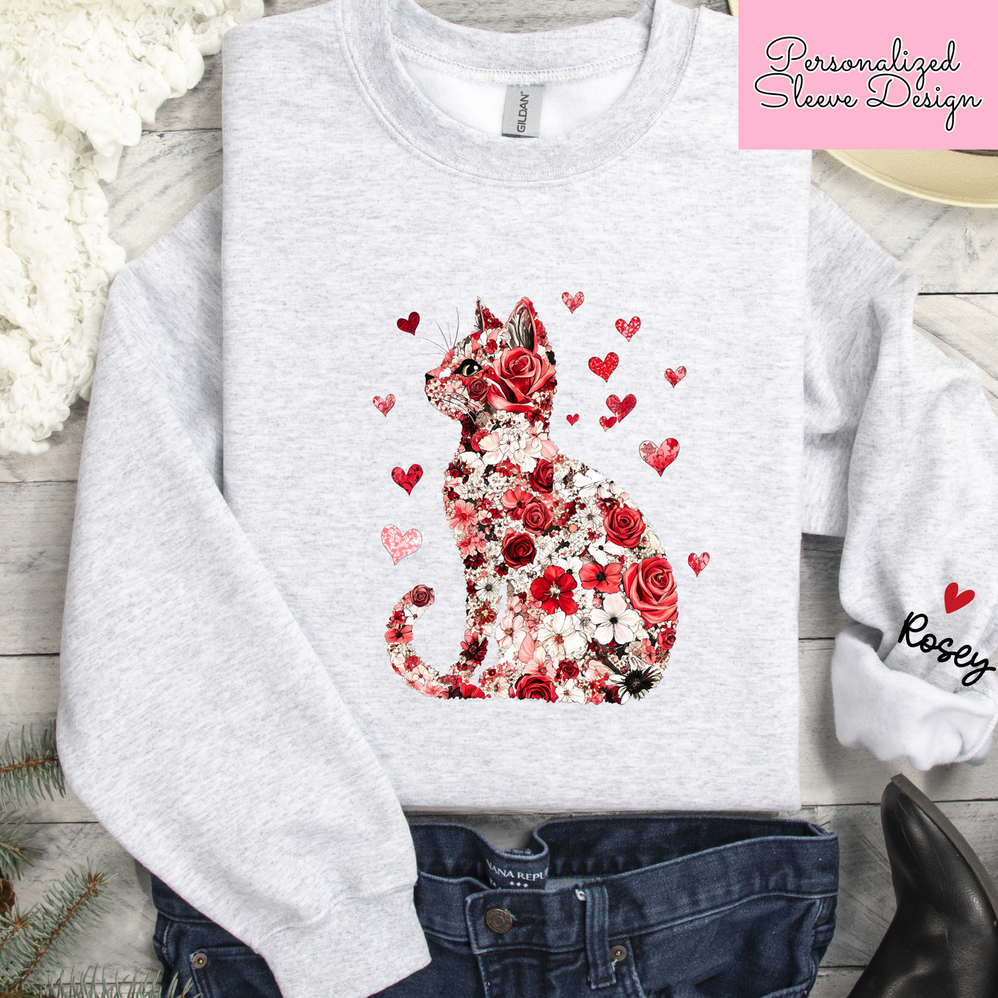 Personalized Valentine Cat Sweatshirt | Custom Cat Name Sleeve | Cute Valentine Outfit for Women