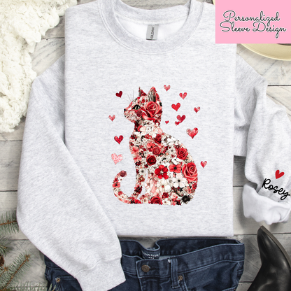 Personalized Valentine Cat Sweatshirt | Custom Cat Name Sleeve | Cute Valentine Outfit for Women