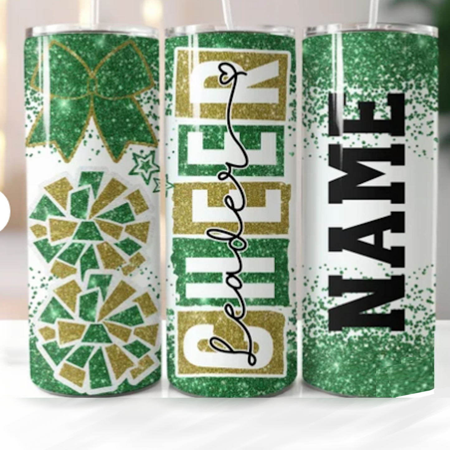 Custom Cheerleader Sublimation Glitter Tumbler - Personalized Green and Gold Glitter Tumbler with Name