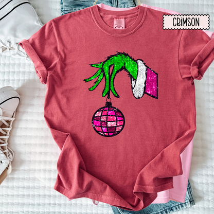 Christmas Hand & Disco Ornament Tee | Faux Glitter Holiday Shirt | Women’s Comfort Colors Tee