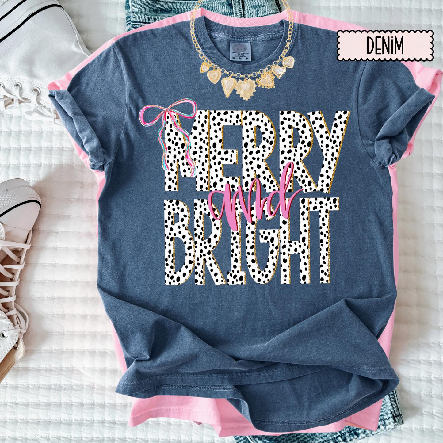 Merry & Bright Dalmatian Print Christmas Tee – Girly Holiday Graphic T-Shirt for Women