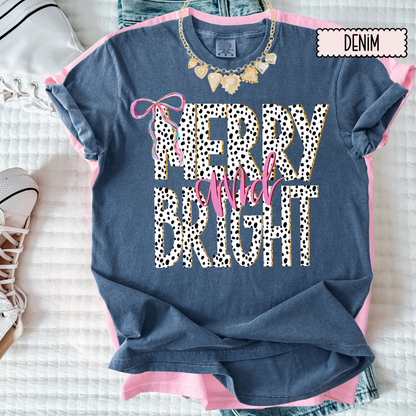 Merry & Bright Dalmatian Print Christmas Tee – Girly Holiday Graphic T-Shirt for Women