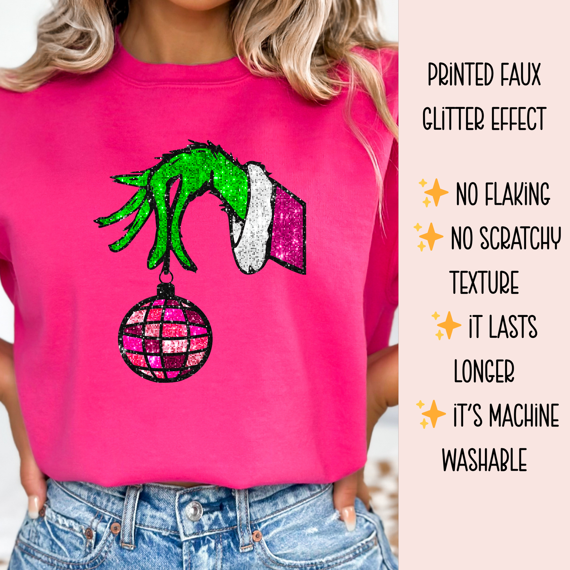 Close-up faux glitter printed Grinch hand design