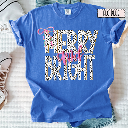 Merry & Bright Dalmatian Print Christmas Tee – Girly Holiday Graphic T-Shirt for Women