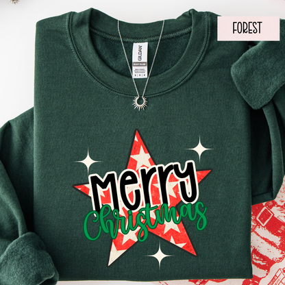 Merry Christmas Star Sweatshirt | Retro Christmas Graphic Crewneck | Cute Holiday Sweatshirt for Women