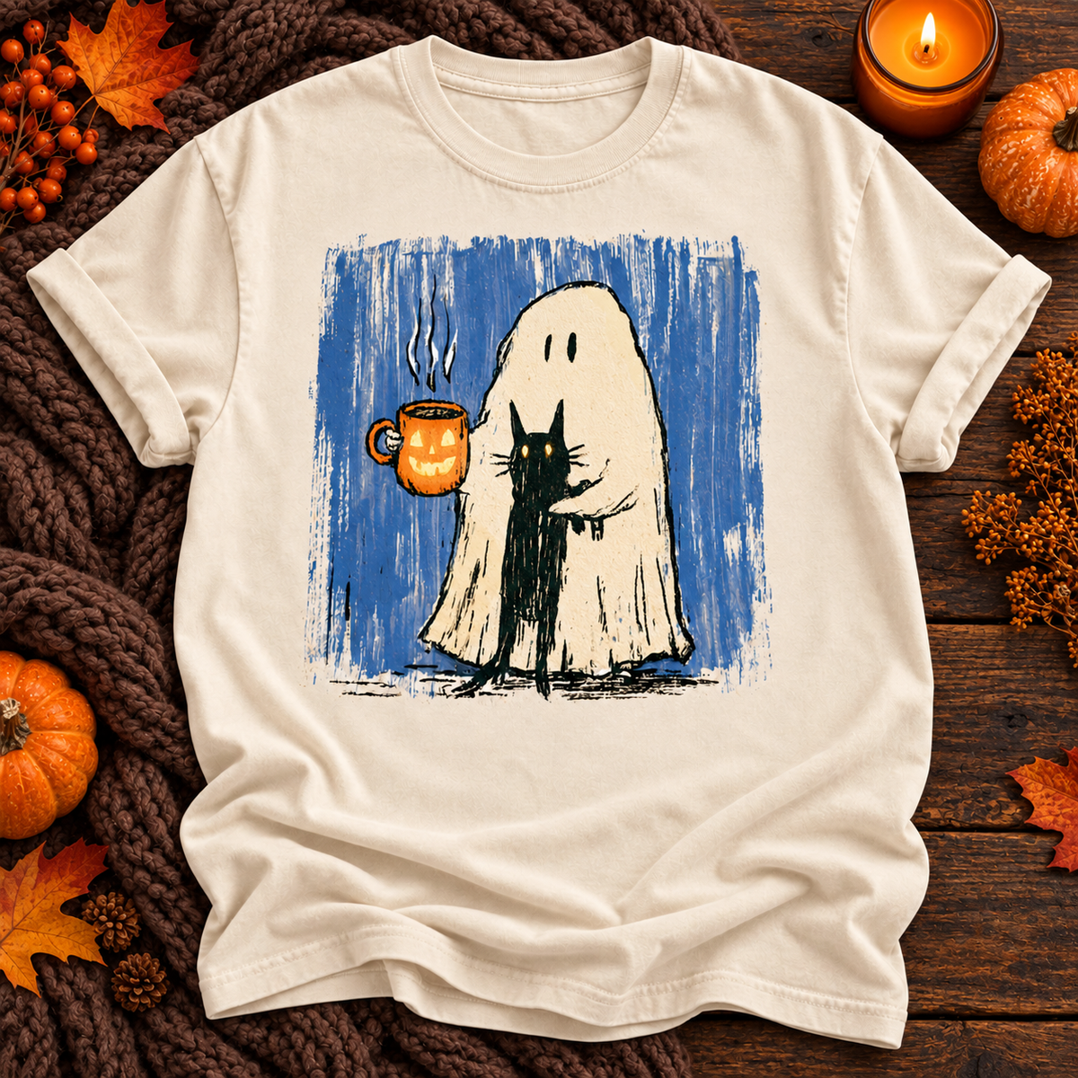 ghost cat Halloween T-shirt in Ivory, solid boutique flat lay background