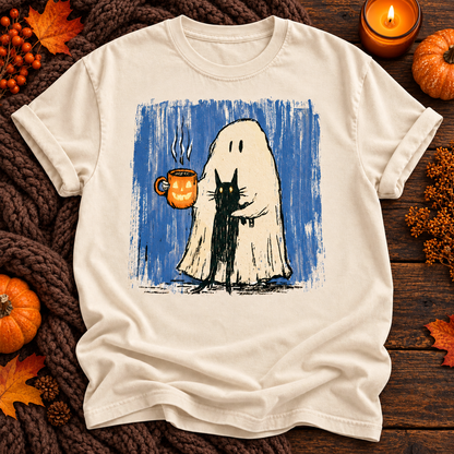 ghost cat Halloween T-shirt in Ivory, solid boutique flat lay background