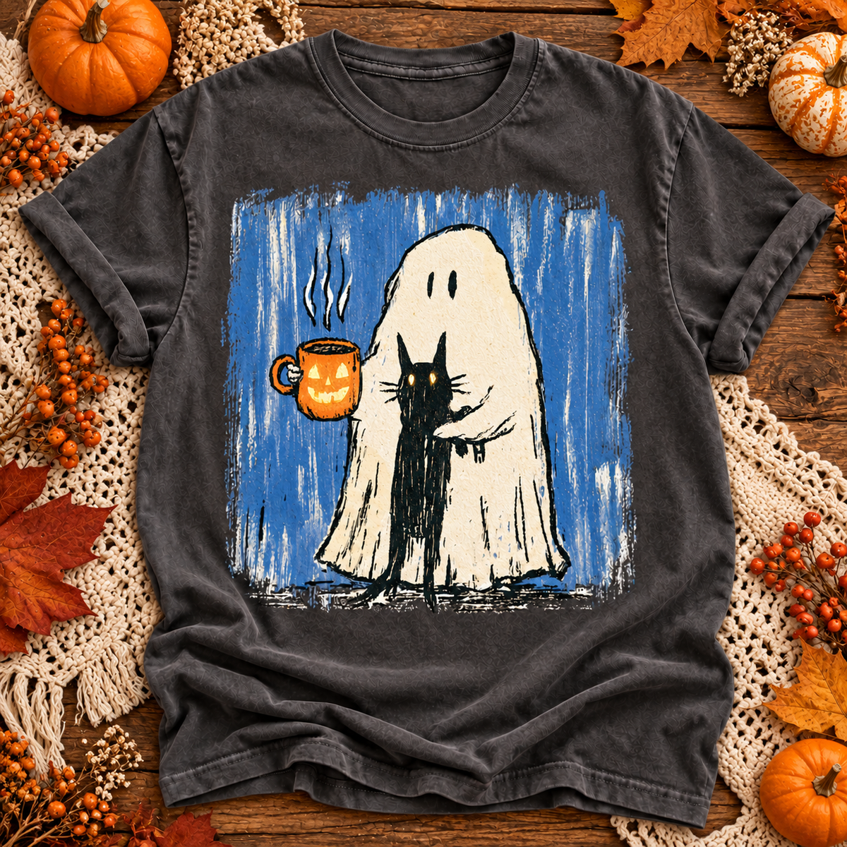 ghost cat Halloween T-shirt in Pepper, solid boutique flat lay background