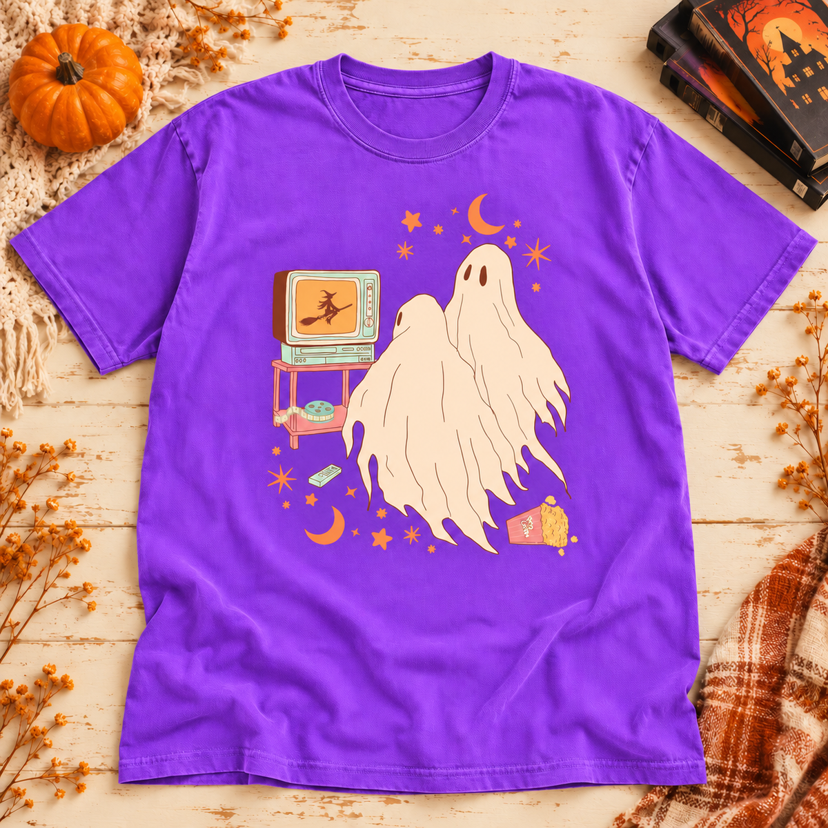 Neon Violet Comfort Colors Halloween T-shirt featuring Ghost Movie Night Pastel