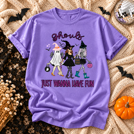 Violet T-shirt featuring Ghouls Just Wanna Have Fun witch graphic on a Halloween flat lay