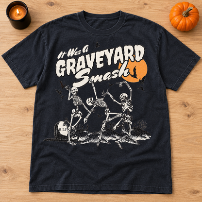 Midnight Comfort Colors Halloween T-shirt featuring It Was a Graveyard Smash Dancing Skeleton