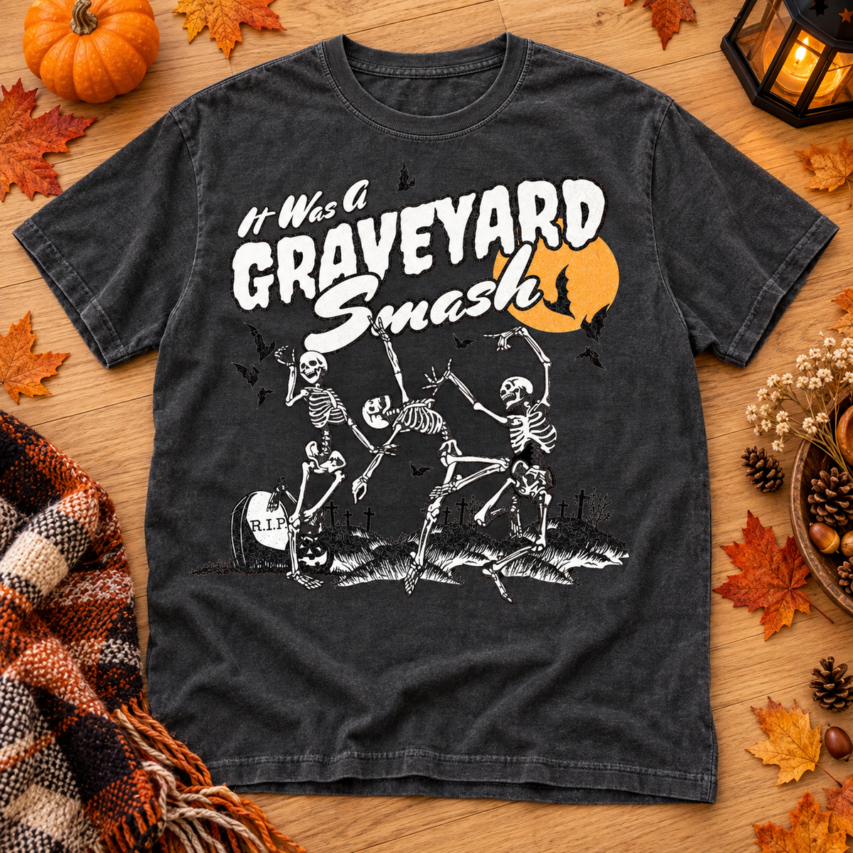 Pepper Comfort Colors Halloween T-shirt featuring It Was a Graveyard Smash Dancing Skeleton