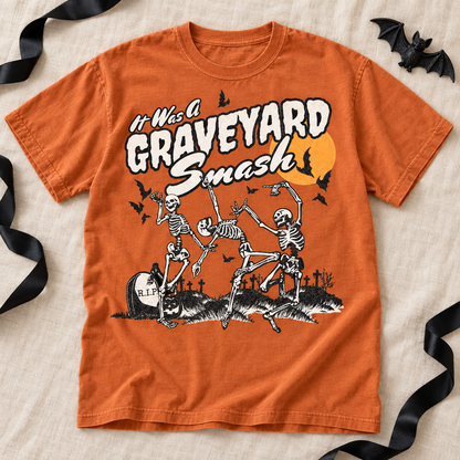 Yam Comfort Colors Halloween T-shirt featuring It Was a Graveyard Smash Dancing Skeleton